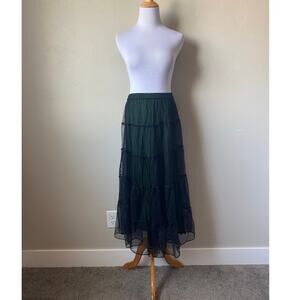Sterling Styles Pull On Green w/ Black Tulle Witchy Boho Whimsical Midi Skirt